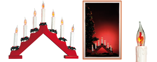 Svietnik pyramída, červený, 7 žiaroviek tvaru plameňa sviečky, 230V KAD 07/RD